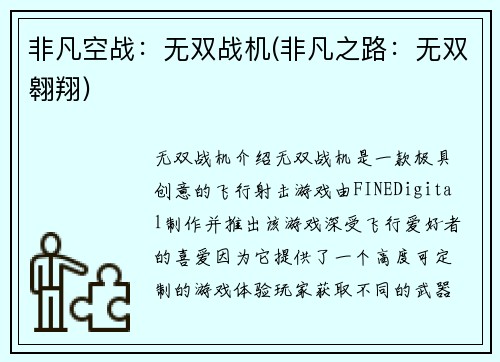 非凡空战：无双战机(非凡之路：无双翱翔)